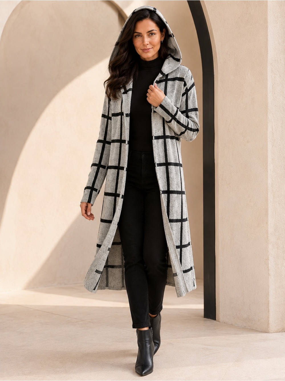 Long Hooded Grid-Pattern Cardigan - Gray/Black Size S